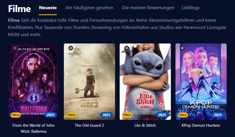 Screenshot der Benutzeroberfläche von Einschalten die eine moderne Streaming-Plattform mit Filmen und Serien darstellt
